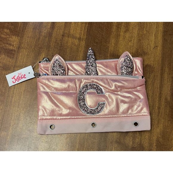 NWT Justice Girls Rose Gold Sparkly Unicorn Initial "C" Pencil Pouch - Picture 3 of 8